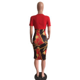 Fashion Printed Zipper Short Sleeve Tight Midi Dress XMY-9121