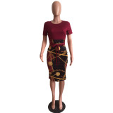 Fashion Printed Zipper Short Sleeve Tight Midi Dress XMY-9121