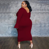 Plus Size Fahion Solid Color Flare Sleeve Long Dress NNWF-7716