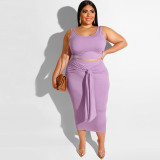 Plus Size Solid Color Tight Tank Top And Skirts Two Piece Set OSIF-19316
