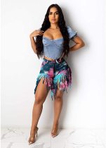 Tassel Tie Dye Denim Shorts OSM-5316