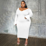 Plus Size Fahion Solid Color Flare Sleeve Long Dress NNWF-7716