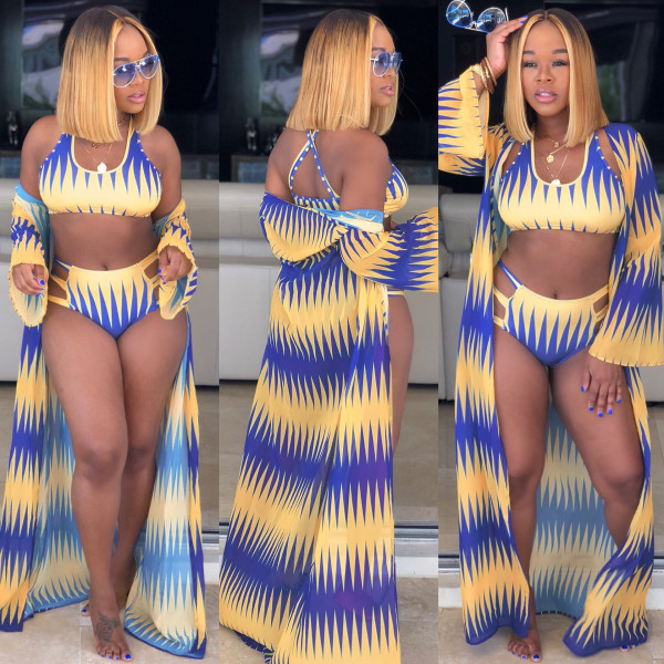 Sexy Printed Swimsuit Beach Cape Coat 3 Piece Set FSXF-F56