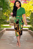 Fashion Printed Zipper Short Sleeve Tight Midi Dress XMY-9121