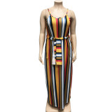 Plus Size Striped Loose Sling Maxi Dress With Belt OSIF-19258