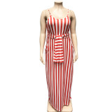 Plus Size Striped Loose Sling Maxi Dress With Belt OSIF-19258