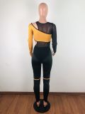 Mesh Splice Bodysuits And Pants Two Piece Set LA-3168