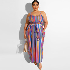 Plus Size Striped Loose Sling Maxi Dress With Belt OSIF-19258