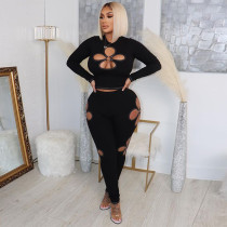 Four Leaf Hollow Out Long Sleeve Two Piece Pant Sets YNSF-1865