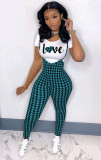 Fashion Printed Short Sleeve T-shirt+Houndstooth Print Jumpsuit Suit SHD-9828