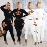 Four Leaf Hollow Out Long Sleeve Two Piece Pant Sets YNSF-1865
