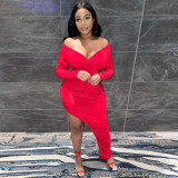 Off Shoulder Large V-neck Pleated Irregular Long Dress YNSF-1863