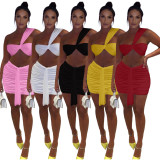Solid Color Ruched One Shoulder Top And Skirt Two Piece Set JZHF-8028