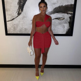 Solid Color Ruched One Shoulder Top And Skirt Two Piece Set JZHF-8028