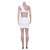 Solid Color Ruched One Shoulder Top And Skirt Two Piece Set JZHF-8028