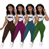 Fashion Printed Short Sleeve T-shirt+Houndstooth Print Jumpsuit Suit SHD-9828