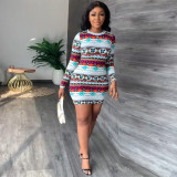 Fashion Print Long Sleeve Mini Dress GLF-10113