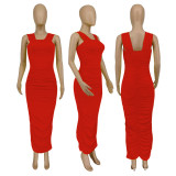 Sexy Solid Color Ruched Slit Maxi Dress WMEF-2054