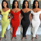 Sexy Solid Color Ruched Slit Maxi Dress WMEF-2054