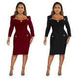 Fashion Solid Long Sleeve Slim Midi Dress YF-10280