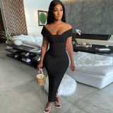 Sexy Solid Color Ruched Slit Maxi Dress WMEF-2054