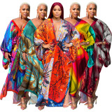 Plus Size V-neck Long Sleeve Print Maxi Dress YF-10248