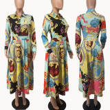 Fashion Printed Long Sleeve Shirt Dress XHXF-888