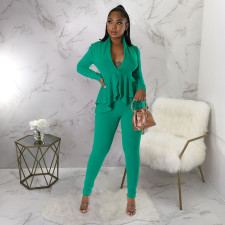 Fashion Solid Ruffles Tops And Pencil Pant 2 Piece Set YF-10303