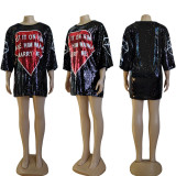 Casual Letter Print Sequin Mini Dress GYSF-0019