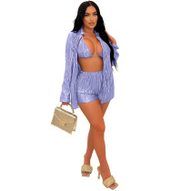 Sexy Solid Bra+Long Sleeve Coat+Short 3 Piece Set OSM-3343