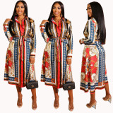 Printed Long Sleeve Shirt Dress XHXF-887