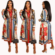 Printed Long Sleeve Shirt Dress XHXF-887