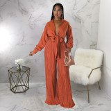 Casual Solid Tie-Up Tops And Loose Pant 2 Piece Set YF-10313