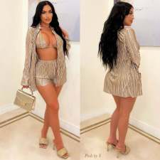 Sexy Solid Bra+Long Sleeve Coat+Short 3 Piece Set OSM-3343