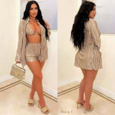 Sexy Solid Bra+Long Sleeve Coat+Short 3 Piece Set OSM-3343