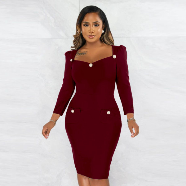 Fashion Solid Long Sleeve Slim Midi Dress YF-10280
