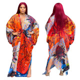Plus Size V-neck Long Sleeve Print Maxi Dress YF-10248