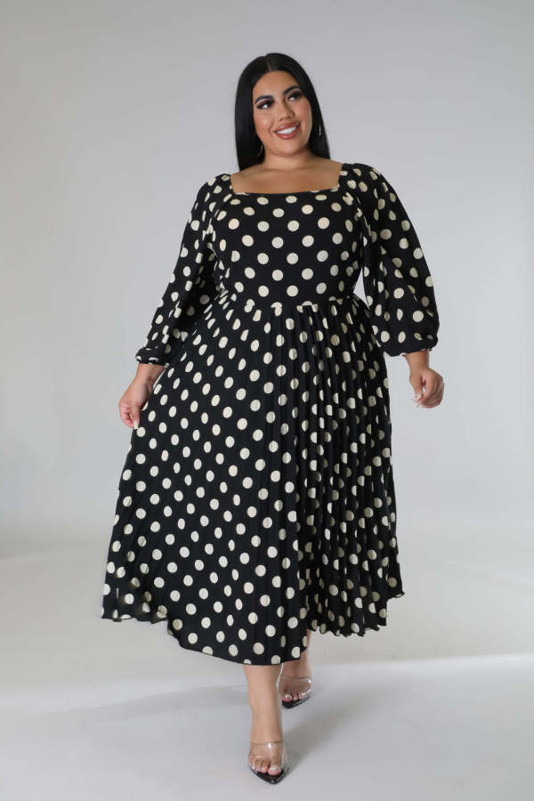 Plus Size Polka Dot Print Ruched Midi Dress OSM-5310