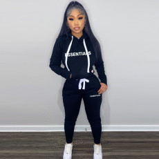 Plush Letter Print Drawstring Hoodies Two Piece Pants Set TK-6261