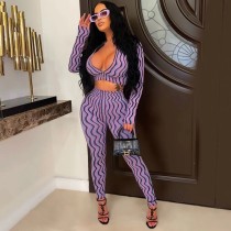 Fashion Print V Neck Tight Two Piece Pants Set OY-6382