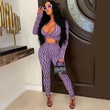 Fashion Print V Neck Tight Two Piece Pants Set OY-6382