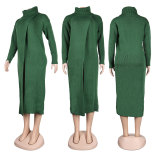 Solid High Collar Sweater Slit Dress NY-082