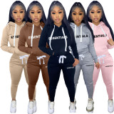 Plush Letter Print Drawstring Hoodies Two Piece Pants Set TK-6261