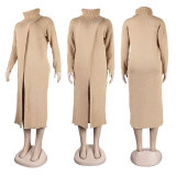 Solid High Collar Sweater Slit Dress NY-082