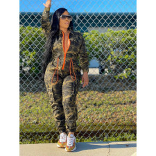 Plus Size Camo Print Zipper Long Sleeve Jumpsuit YIM-279