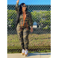Plus Size Camo Print Zipper Long Sleeve Jumpsuit YIM-279