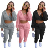 Casual Sport Plush Drawstring Hoodies Two Piece Pants Set JZHF-8123