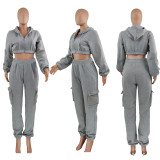 Casual Sport Plush Drawstring Hoodies Two Piece Pants Set JZHF-8123