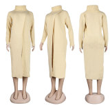 Solid High Collar Sweater Slit Dress NY-082