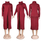 Solid High Collar Sweater Slit Dress NY-082